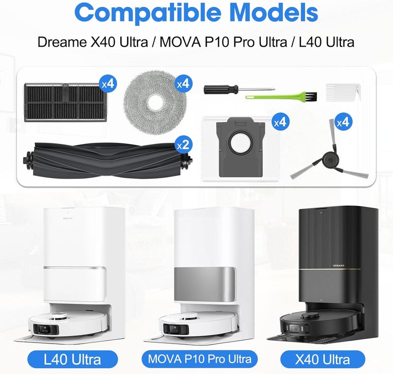 DRBOR X40 Ultra Replacement Parts for Dreame X40 Ultra / L40 Ultra, Accessory Kit for MOVA P10/P50 Pro Ultra Includes 2 Main Brush, 4 HEPA Filters, 4 Mop Pads, 4 Side Brushes, 4 Dust Bag and Tools - Image 2